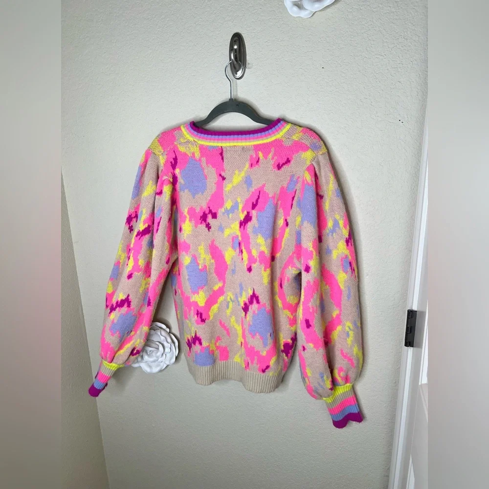 NTM Jodifl Abstract Print Sweater Neon Pink Taupe Balloon Sleeve Pullover Size L - Picture 15 of 16